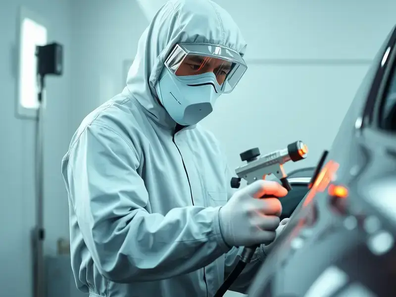 Professional paint spray booth with technician at work